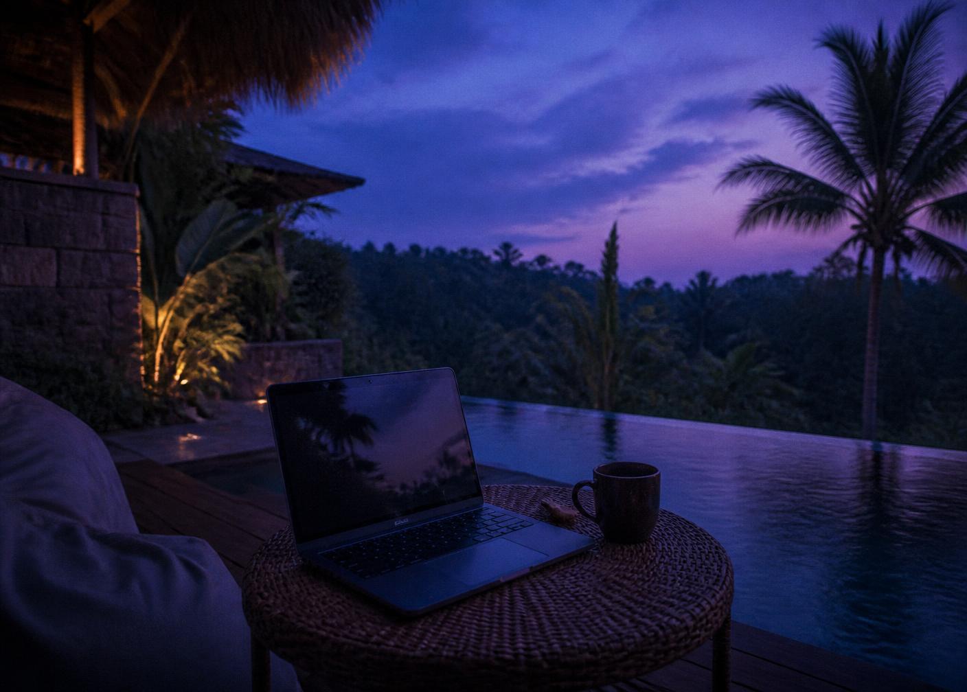 Laptop am Infinity-Pool im tropischen Dschungel bei Dämmerung